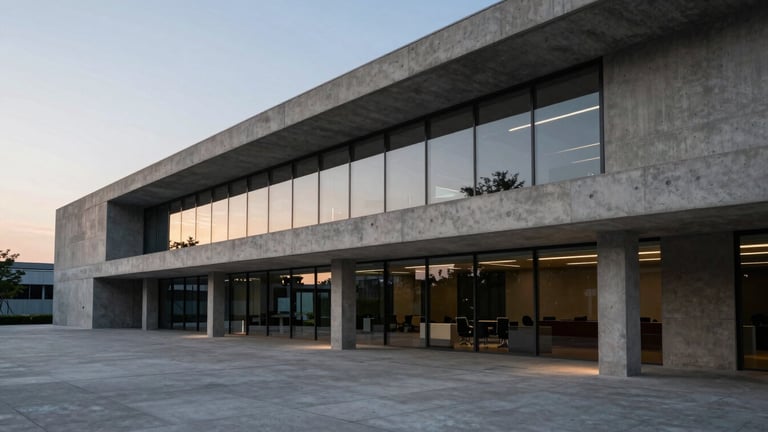 Wide panoramic architectural view of minimalist concrete structural lines and glass panels, strong directional side-lighting with high contrast, quiet executive office environment at dusk.