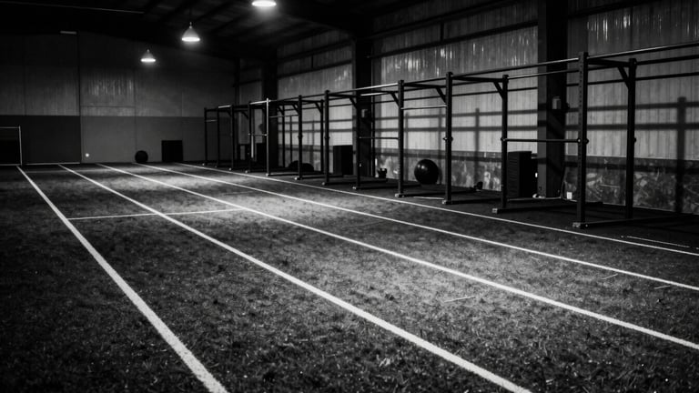 High-contrast monochrome wide shot of an industrial athletic training facility, empty turf lanes, heavy iron racks, dramatic key lights casting deep shadows, raw cinematic grain, 35mm