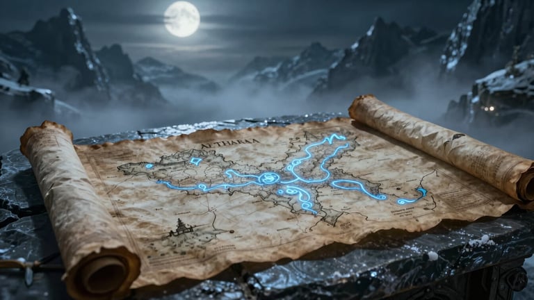 Wide shot of an ancient, weathered parchment map of Aethara, unfurled on a stone table, glowing icy blue runes subtly embedded in the map, surrounded by subtle mist, low-key moonlight, dark cinematic fantasy photography, 35mm