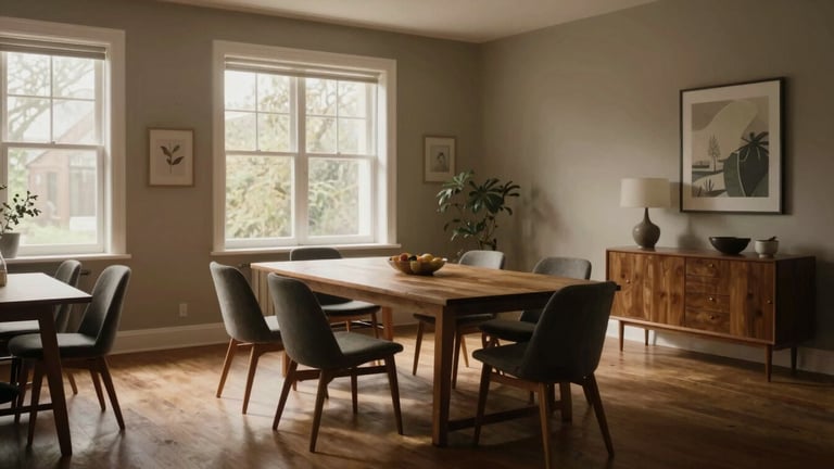 Wide environmental panoramic shot of an empty, beautifully designed dining room with Scandinavian-inspired furniture, soft diffused natural light streaming through large windows, deep rich shadows.