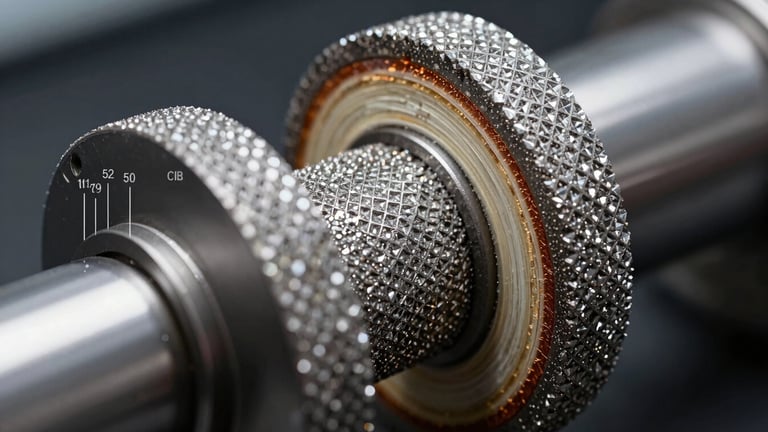 Wide macro photograph of a diamond grinding wheel cross-section under laboratory lighting, bond matrix layers clearly visible, technical measurement callouts implied by depth of field, dark background