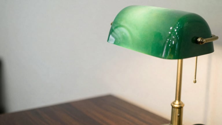 Macro detail of a vintage brass desk lamp on a dark wood desk, soft overcast London daylight, shallow depth of field, forest green accents, editorial film photography.