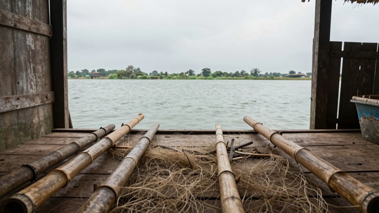 Wide panoramic view from inside a haor fishing community's workspace — close foreground of weathered bamboo weaving tools and net fibres on a wooden surface, shallow water visible through an open doorway in the mid-ground, soft overcast daylight diffusing through the opening, muted earth tones and grey-green water