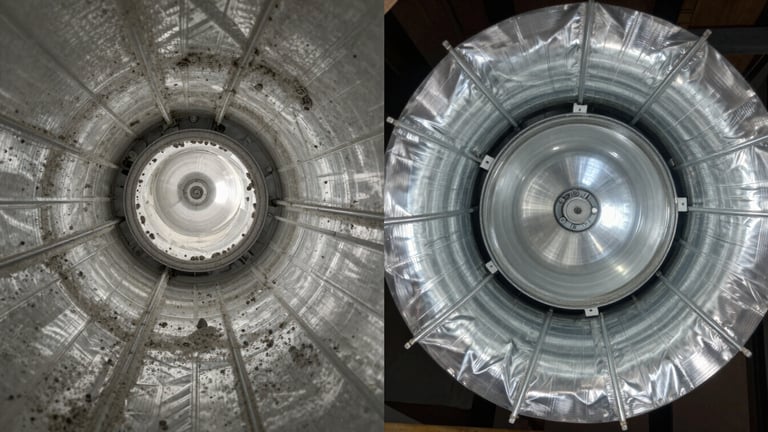Side-by-side split-frame comparison shot inside a residential duct: left half shows a heavily coated duct interior with thick grey dust and debris clinging to the metal walls under task lighting; right half shows the same duct interior after cleaning, bare shiny metal visible, no residue, task lighting revealing the clean surface