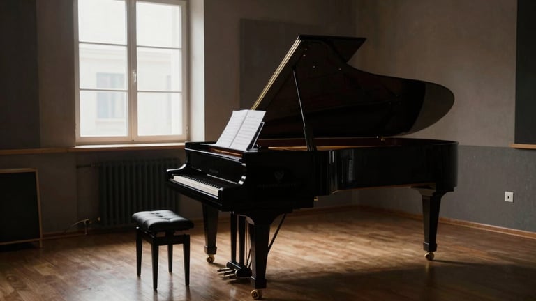 Wide environmental shot of a historic music studio in Gjakova, a grand piano under soft window light, sheet music resting on the stand, high-contrast shadows, dramatic editorial style.