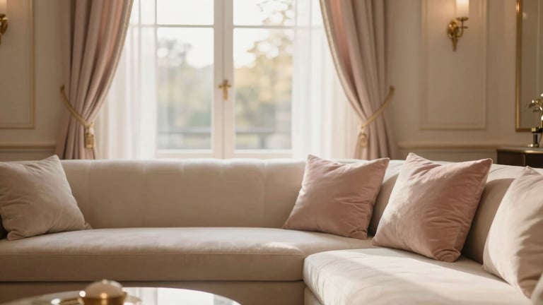Serene view of a luxurious boutique interior, warm ivory and blush rose palette, soft diffused window light, plush seating, delicate gold accents, shallow depth of field.