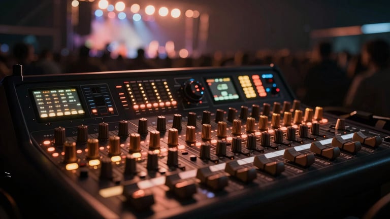 Close-up of a premium digital audio console in deep shadows, glowing warm copper and gold LED lights, blurred festival stage in the background, cinematic 35mm