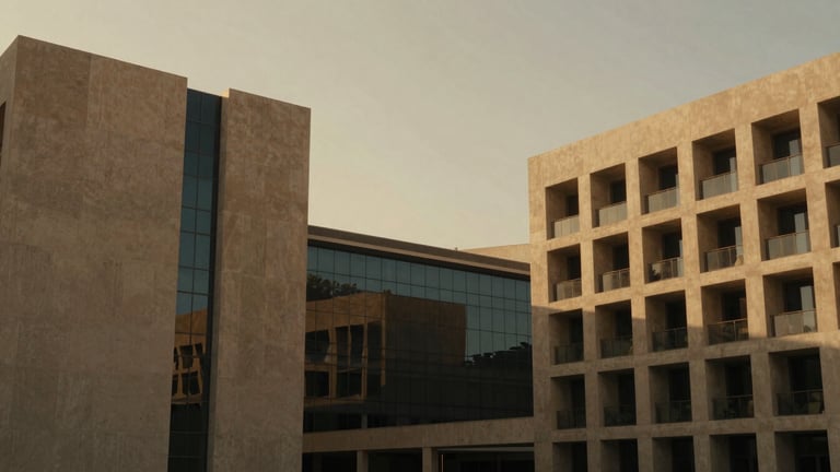 Wide environmental shot of modern Dubai architectural lines, minimalist concrete and glass, warm golden hour light, rich desaturated tones, 35mm