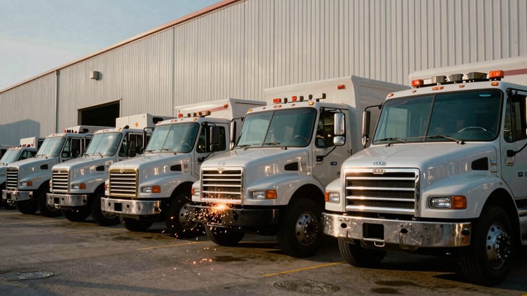 A line of heavy-duty commercial welding trucks parked outside an industrial office building in Forney Texas, bright morning sun reflecting off steel toolboxes, high-contrast utility style, 35mm