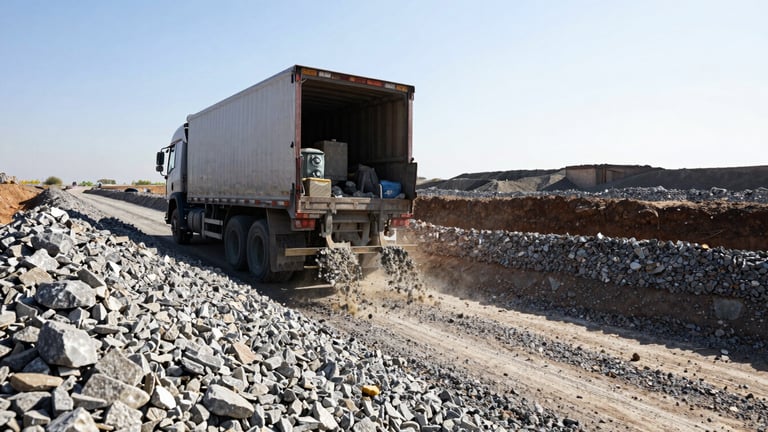 Wide environmental shot of a heavy truck spreading crushed stone on a deeply excavated driveway foundation, high contrast morning sun.