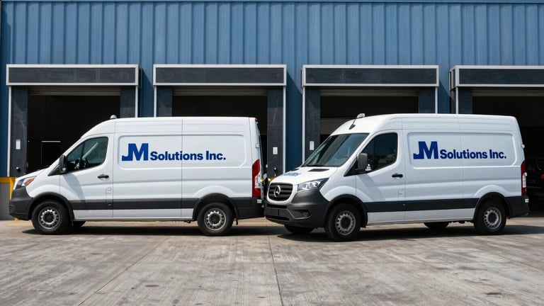 Wide shot of two branded JM Solutions Inc. service vehicles parked side-by-side at a commercial loading dock, bright natural daylight, cool blue and slate tones, sharp focus, medium environmental shot.