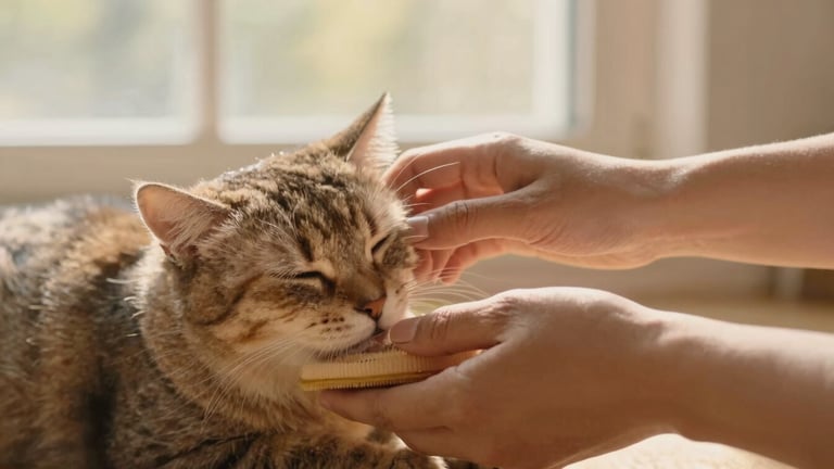 Close-up of volunteer hands gently brushing a relaxed sleeping cat, soft golden hour light, cozy domestic setting, 35mm