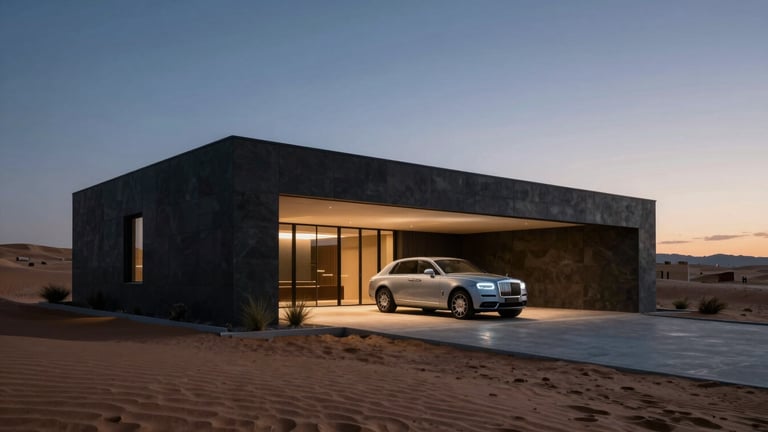 Wide environmental shot of modern desert architecture in Mesa at twilight, clean lines, dramatic low-key lighting, luxury vehicle parked in the driveway