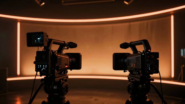 Cinematic high-contrast shot of a dark studio set with neon-orange glowing accents, broadcast cameras in the foreground, moody atmosphere.
