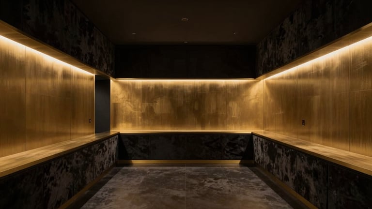 Wide shot of an ultra-private, minimalist medical showroom in Houston's Kirby district, dark velvet textures, brushed gold accents, low-key warm lighting, empty and silent sanctuary.