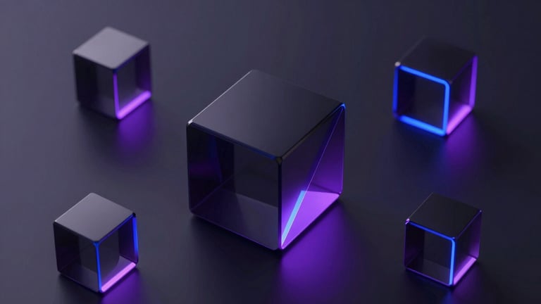 Sleek dark-mode 3D render of geometric glassmorphism shapes floating over a dark obsidian surface with neon violet backlighting.