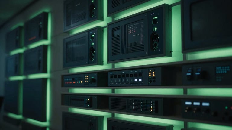 Cinematic corporate headquarters office in New Delhi, modern communication equipment display in the background, sharp emerald green accent lighting, low-key dramatic corporate setting
