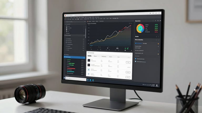 Tight detail — a desktop monitor on a clean studio desk displaying a live digital campaign dashboard with performance data visible on screen, natural window light from left, minimal desk surface