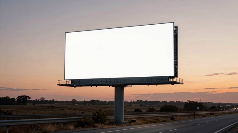 Wide panoramic — a large printed billboard on a highway roadside at dusk, warm ambient sky behind the structure, road stretching into the distance, signage structure silhouetted against open landscape