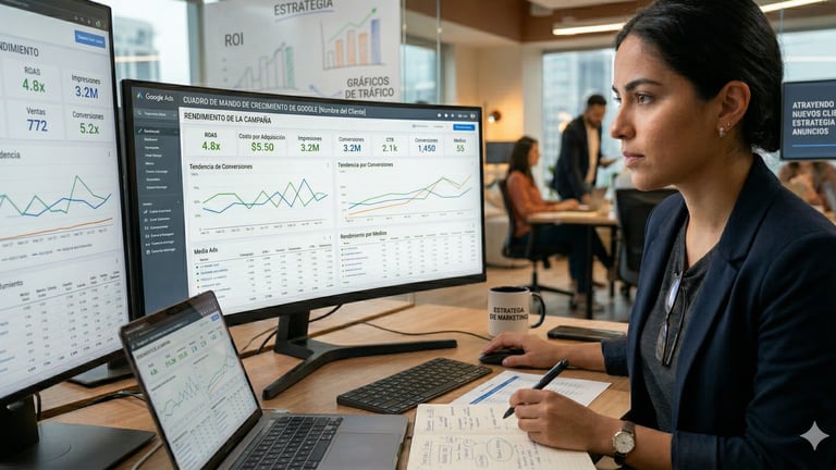 Experto en marketing digital analizando las métricas de rendimiento de Google Ads en un monitor