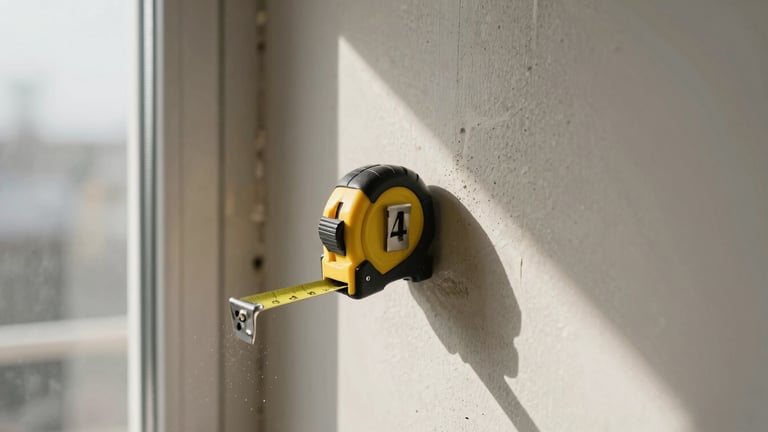 Extreme close-up of a measuring tape pressed against a raw plaster wall corner in a renovation site, diffuse north light from a nearby window, dust particles visible, no people, architectural framing