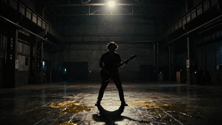 Shadowy silhouette of a musician playing an electric guitar in a vast, dark industrial warehouse, single harsh spotlight from above, metallic reflections, 35mm film grain