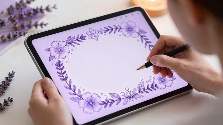 Over-the-shoulder view of an artist drawing a detailed floral border on a tablet, soft lilac interface, cozy workspace setup with lavender accents, diffused warm light