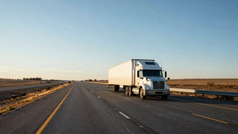 Wide open-road landscape of a US interstate highway stretching into the horizon, early morning daylight, 35mm photography