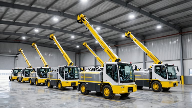 Wide environmental shot of a fleet of industrial cleaning vehicles and specialized high-reach equipment parked inside a large, modern warehouse. High-contrast functional lighting, cool steel tones with safety yellow accents, wide-angle lens.