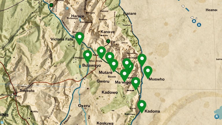 Wide panoramic, warm editorial photography of a detailed map of Zimbabwe with green location markers and subtle animated pulse dots on Harare, Bulawayo, Victoria Falls, Mutare, Gweru, Masvingo, Kwekwe, Kadoma. Natural outdoor daylight, rich authentic tones, documentary style.