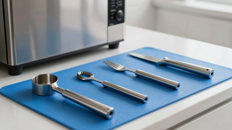 Pristine metallic tools arranged neatly on a protective blue work mat next to a modern stainless-steel appliance in a bright, clean kitchen.