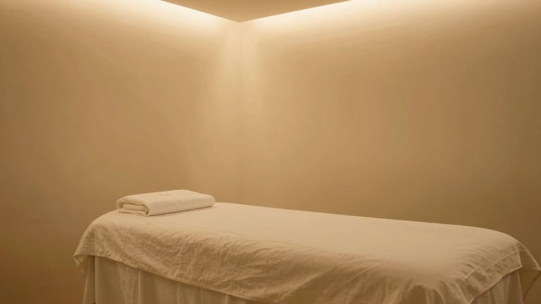 Wide environmental shot of a serene, empty luxury spa treatment room, soft ambient golden lighting, minimalist design, elegant details