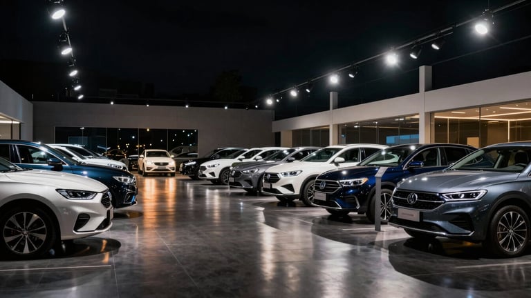 Wide-angle showroom interior at night, a row of gleaming sedans and SUVs under dramatic overhead studio strobes, dark polished floor reflecting amber and white light, cars perfectly still, no people