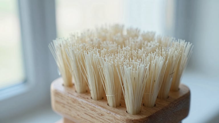 Close-up of unvarnished beechwood and tampico fiber bristles, bright natural window light, soft blue tones.