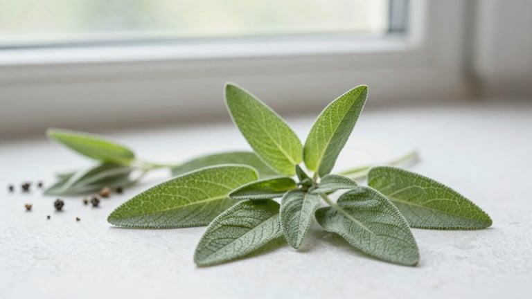 Close-up of fresh green sage leaves and organic botanicals on a clean white stone surface, soft natural window light, shallow depth of field, 35mm