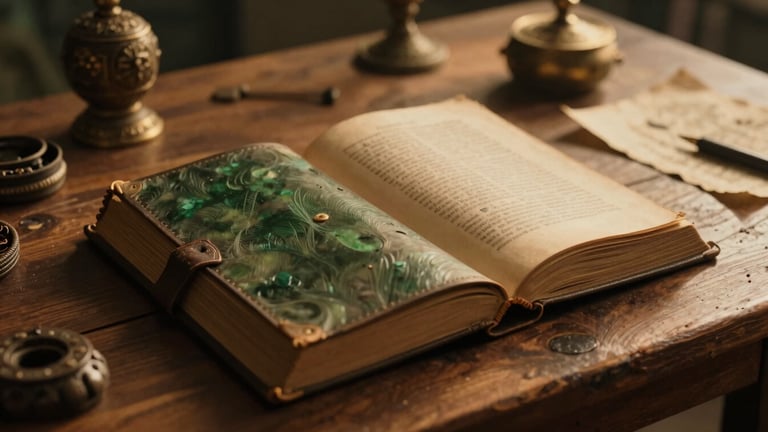 Cinematic shot of a vintage leather-bound book open on a wooden table, surrounded by subtle shamanic artifacts and ancient parchment, soft golden light, representing knowledge and study.