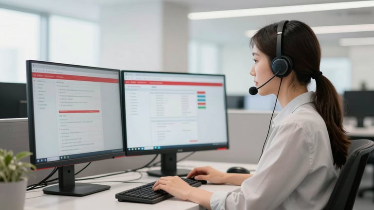 Bright corporate office interior, a professional call center agent focused on a dual-monitor dashboard, clean high-key lighting, soft red accents on the interface, shallow depth of field.
