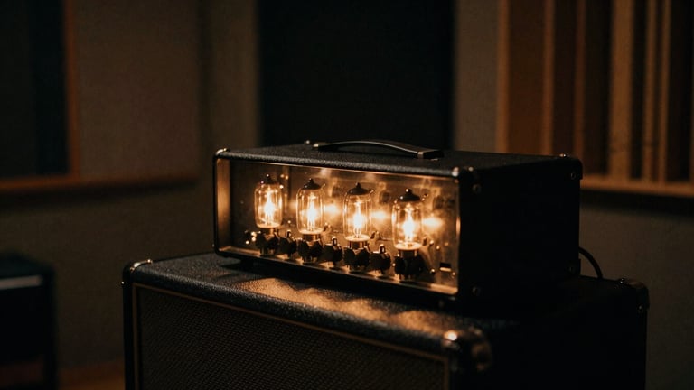 Vintage tube amplifier glowing in a dark recording studio, warm low-light, high-contrast editorial style.
