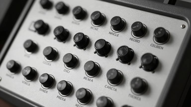 Extreme close-up of a high-contrast black and white physical control panel with sharp mechanical switches and clinical grid layout, harsh studio lighting