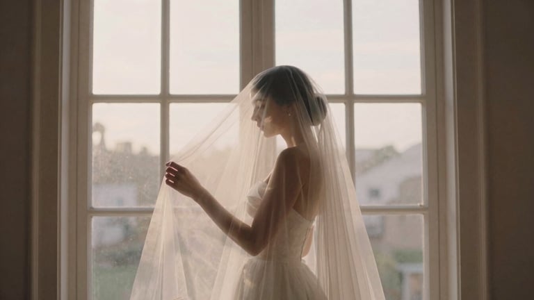 Romantic editorial photography, golden hour window light, wide shot of a delicate bridal veil gently blowing in the wind, light-catching tulle, muted cream and dusty rose tones, shallow depth of field, 35mm film.