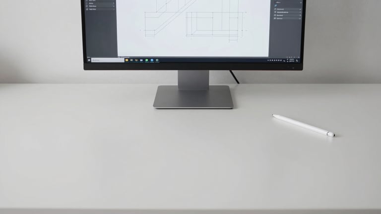 Wide straight-on flat crop of a minimal desk setup — matte white desktop surface, a single monitor displaying a clean CAD workspace with geometric part outlines, a precision stylus resting to the right, bright even daylight from the left, no clutter