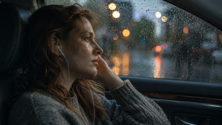 Person emotionally reflecting while hearing meaningful music after loss
