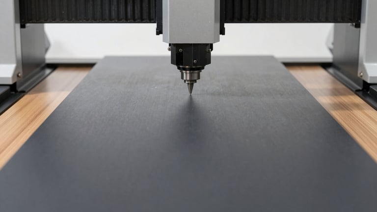 Extreme close-up of a high-precision German CNC wood milling machine cutting a matte charcoal panel, soft diffused daylight, architectural focus, 35mm