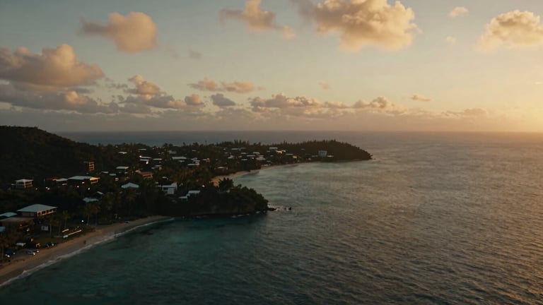 Cinematic wide shot of a dramatic Caribbean coastline at golden hour, deep depth of field, captured with a professional drone.