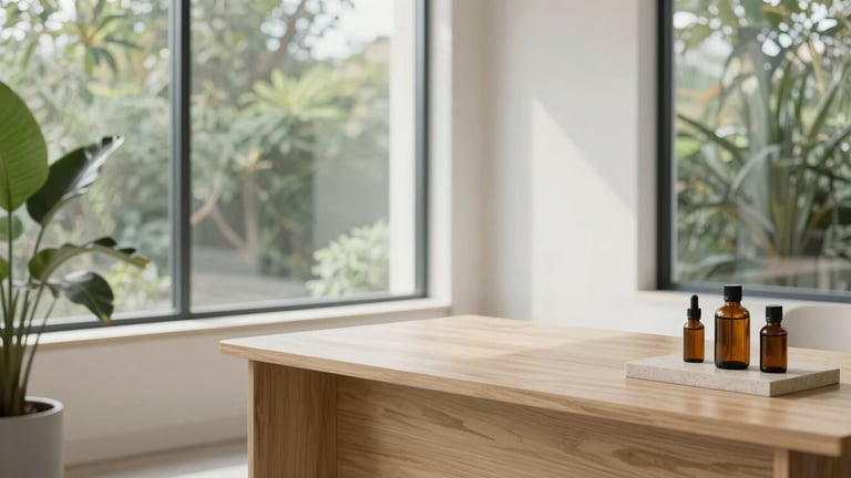 Wide panoramic view of a clean, minimalist consultation room at Apothecary West LLC in Boise, soft natural daylight streaming from large windows, a light wood desk, and a few amber glass bottles on a light stone surface, 35mm lens.