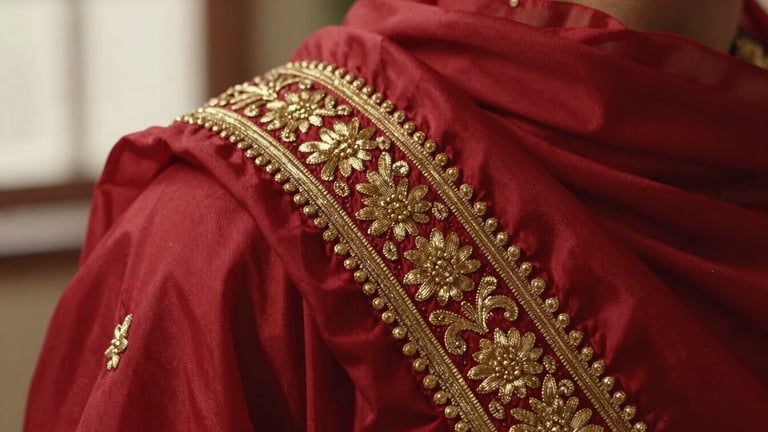 Close-up detail of artisanal gold zari embroidery on premium, heavy-weight crimson silk fabric, soft diffused lighting showing rich textile texture.