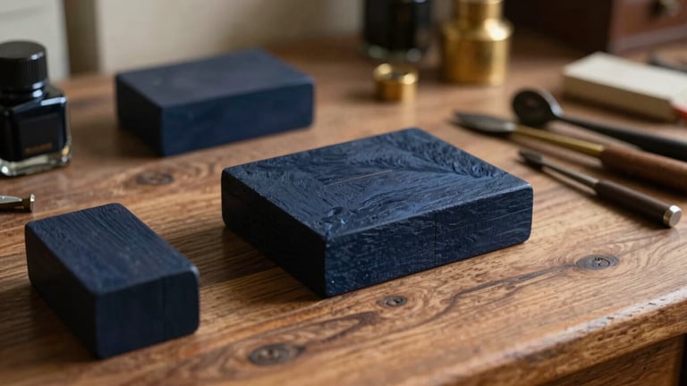 Wide, quiet shot of ink-stained wooden blocks and antique tools on a wooden workbench in a warm-lit study, soft vintage side-lighting, rich textures, deep navy and brown tones, 35mm lens