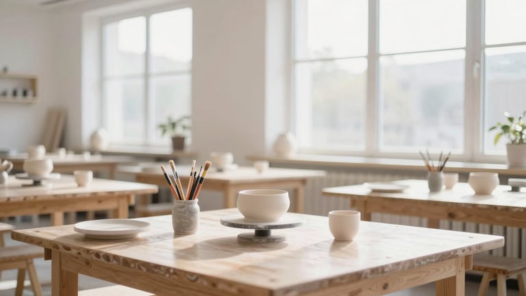 Wide shot of a bright, airy ceramic painting studio with large windows, light wood tables neatly set with brushes and white pottery, morning sun, 35mm