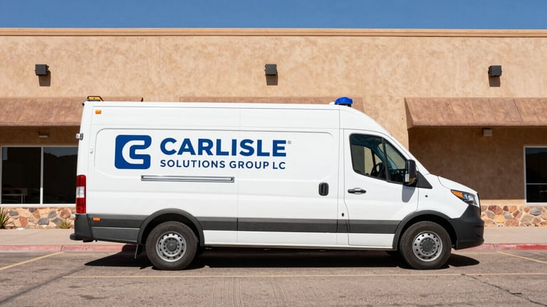 Wide, high-contrast shot of a branded CARLISLE SOLUTIONS GROUP LLC service vehicle, clean and modern, parked in front of a commercial building in Santa Fe, bright desert daylight, sharp shadows, industrial editorial style.