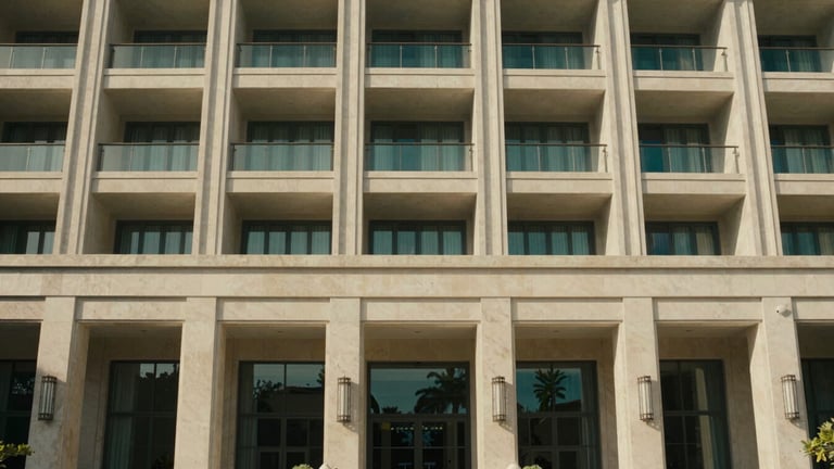 Wide shot of a modern resort facade, elegant architectural lines, soft Mediterranean daylight, muted forest green and stone tones, 35mm.
